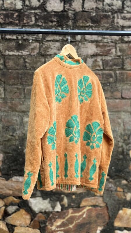 Womens Rust Velvet Embroidered Jacket with Floral Design